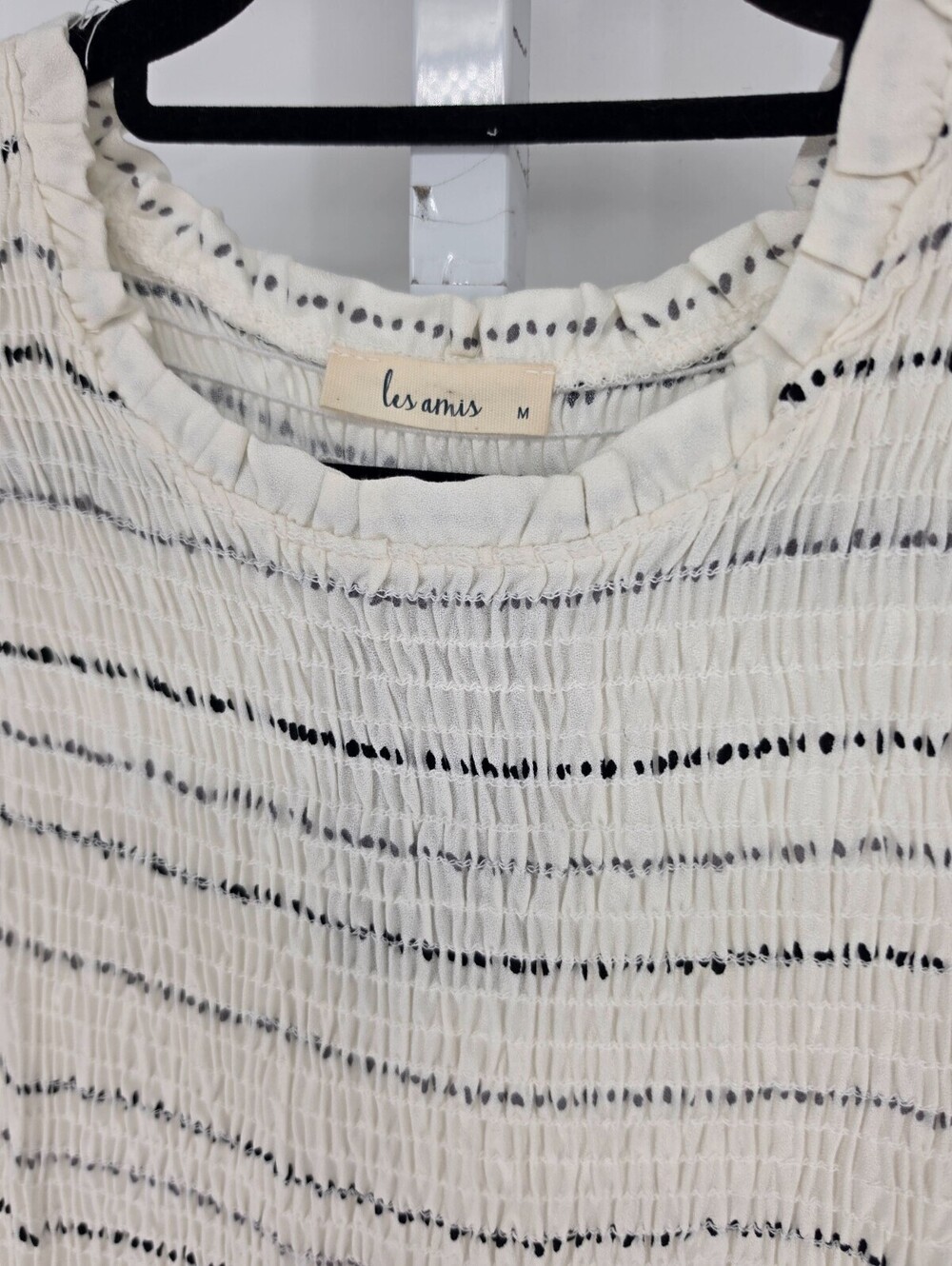 Les Amis Womens Sz S Knee Length 1/2 Sleeve Dress Smocked Cream Gray Striped NEW - Picture 3 of 5